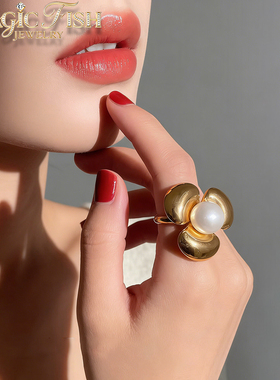 复古金色花瓣珍珠戒指女