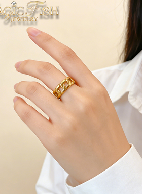 冷淡风钛钢镂空古巴链戒指百搭