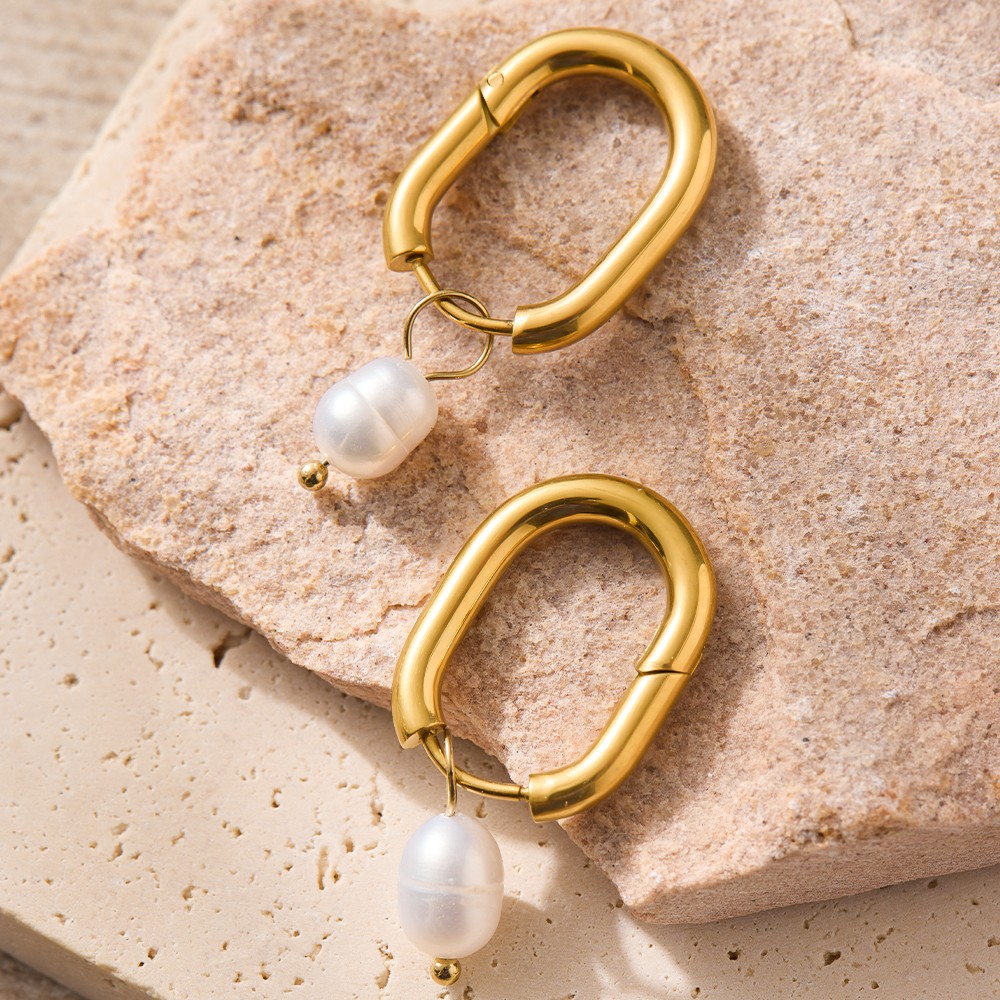 magic fish  高级感U型耳圈带珍珠吊坠不锈钢镀金耳扣耳环饰品女