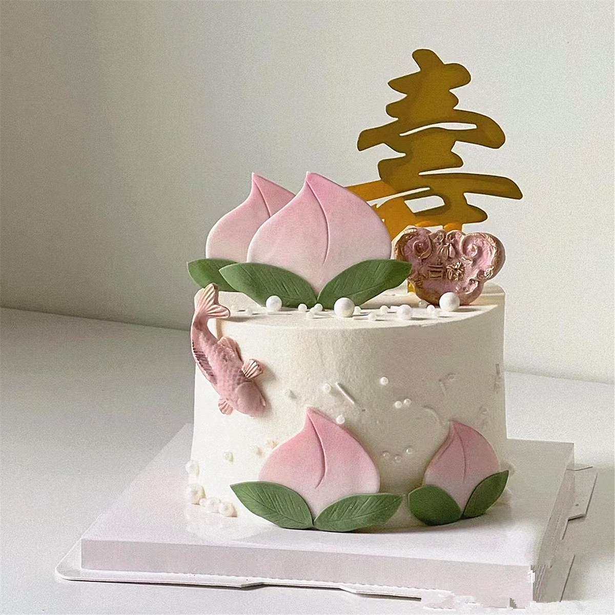 中式祝寿节日蛋糕装饰摆件寿桃锦鲤烘焙模具爷爷奶奶福寿生日插件