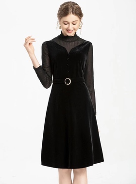 春秋季忆妹儿86099新款韩版丝绒女士显瘦中长款连衣裙专柜货