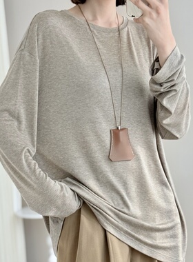 THEMO夏新款简约慵懒风面膜T圆领奥地利兰精天丝羊毛宽松长袖T恤