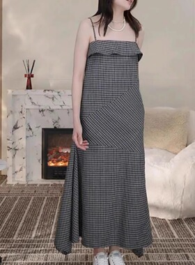 THEMO董洁同款 2024夏新格纹长不规则吊带翻领设计斜纹拼接连衣裙