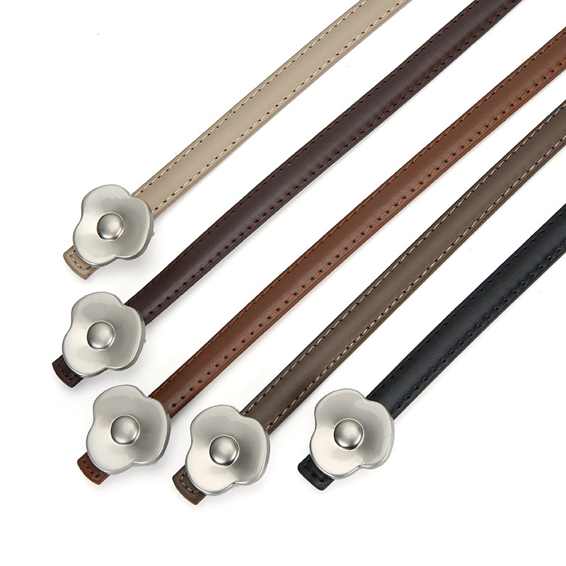 富亨女士细皮带花朵扣装饰收腰腰带多色皮革光面双扣细款装饰腰带