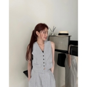 Place&Apmluxe高级套装 V领条纹马甲背心 高腰直筒长裤 韩APM 套装