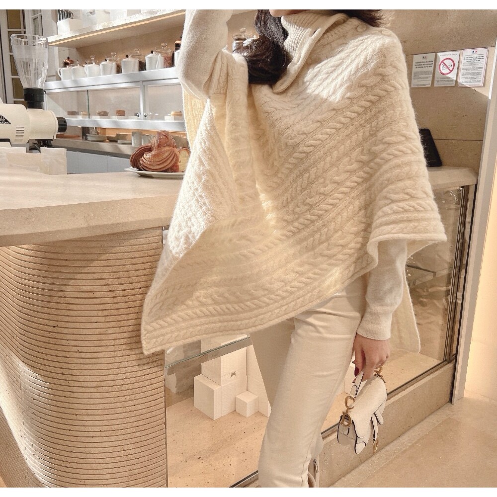 韩APM Place&Apmluxe麻花针织斗篷毛衣外套女中长款高领披肩罩衫