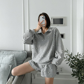 女洋气小香风烫钻卫衣短裤 韩APM Place&Apmluxe休闲套装 两件套