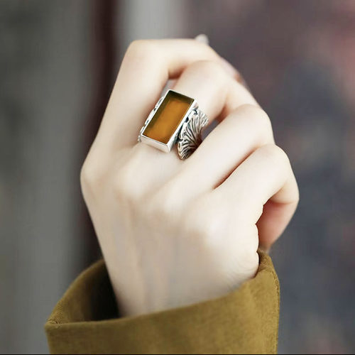 S925纯银戒指空托女戒托镶嵌杏叶长方形9*18松石活口蜜蜡时尚银托