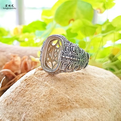 宏利925纯银戒指空托镶嵌松石闭口银托复古蜜蜡南红新款戒托10*16