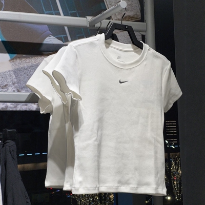 正品NIKE耐克女子修身纯白螺纹运动休闲短袖T恤HV4995-133