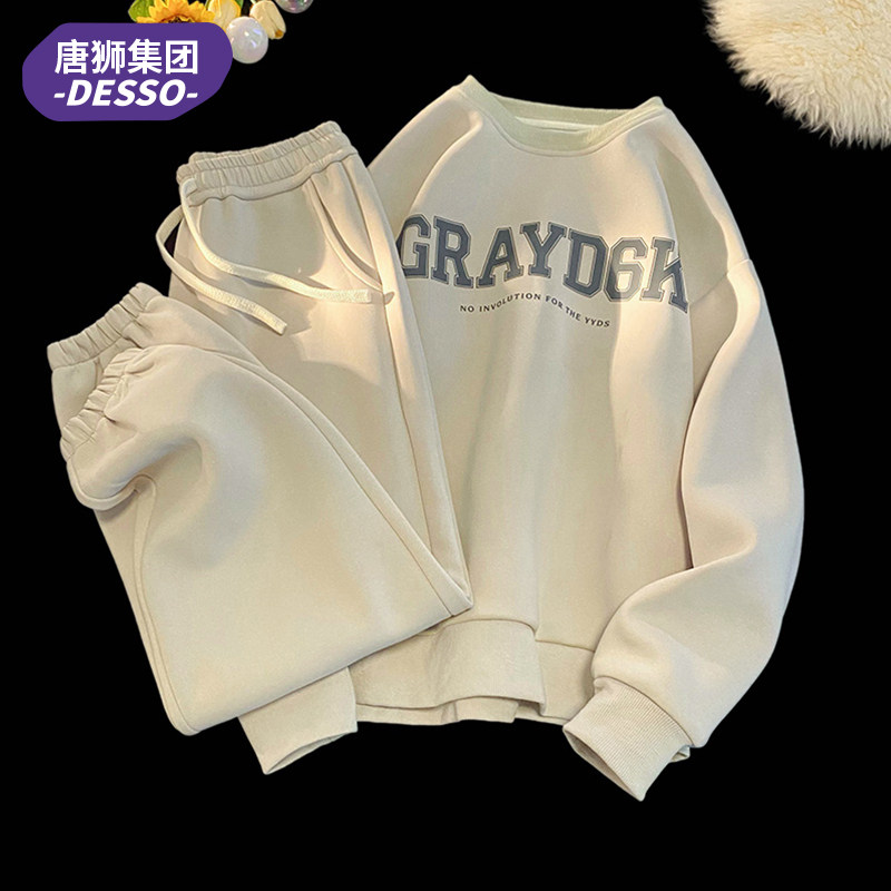唐狮集团DESSO秋季纯色圆领套头卫衣情侣休闲运动套装上衣两件套