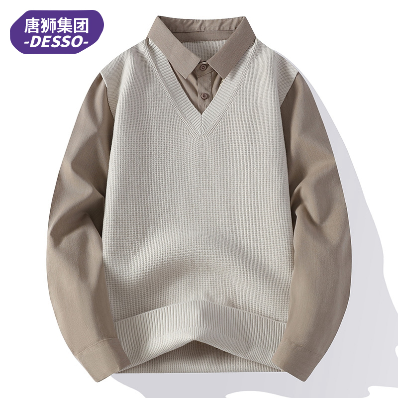 唐狮集团DESSO衬衫领毛衣男士冬季高端加厚保暖假两件针织衫上衣