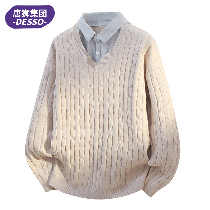 唐狮集团DESSO美式假两件麻花纹毛衣男秋冬宽松休闲衬衫领针织衫