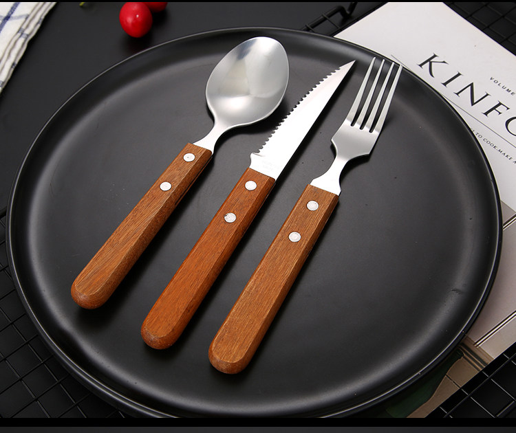 包邮欧式防霉西餐餐具套装木柄鲍鱼餐刀叉勺两三件套不锈钢牛排刀