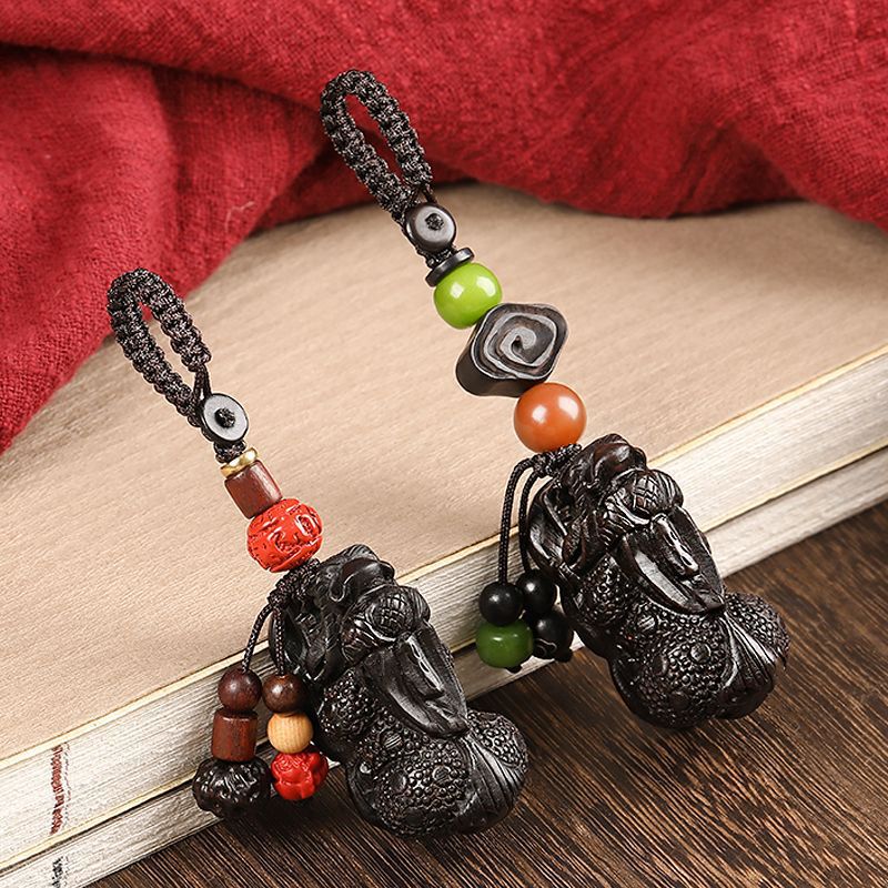 黑檀木雕刻貔貅汽车钥匙扣挂件男