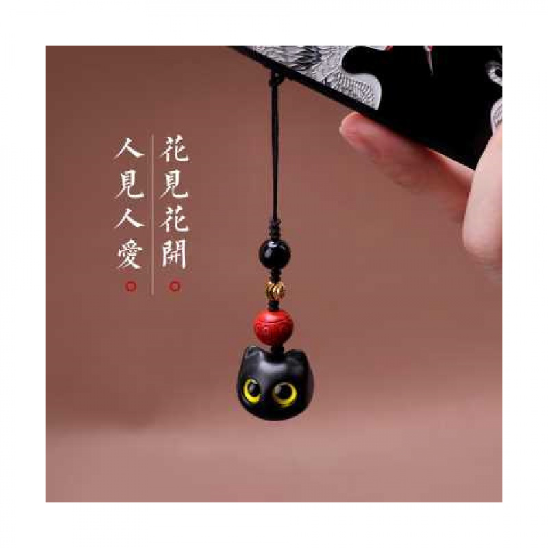 钥匙扣小黑猫人猫咪檀木黑手机链
