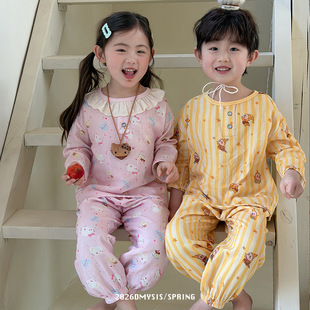 家居服睡衣空调服套装 韩版 2件套 双层全棉纱布长裤 儿童纯棉长袖