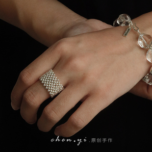 宽版戒指925银弹力编珠自律指环 定做复古简约碎银子素圈戒子女新