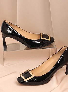 商场同款春季新款单鞋女细跟方头漆皮通勤时尚方扣高跟鞋女 2A583