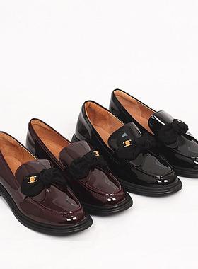 蝴蝶结单鞋女中跟漆皮新款百搭复古粗跟低跟鞋圆头单鞋女鞋 21018