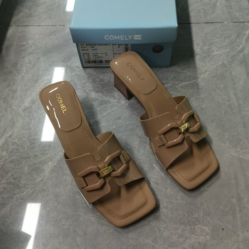 品牌正品时尚百搭休闲圆头粗跟一字带凉拖鞋女鞋43312粉杏色35-39