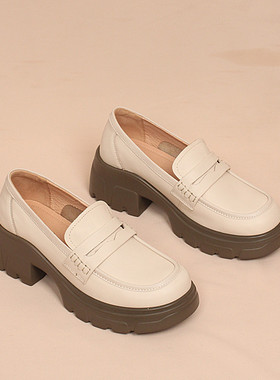 品牌正品真皮单鞋女鞋新款圆头厚底粗跟一脚蹬乐福鞋女鞋子 5A169