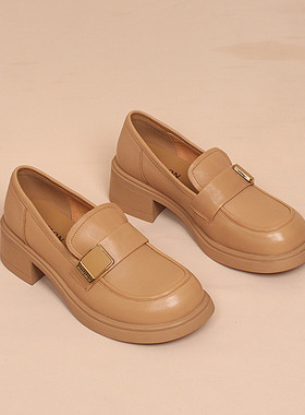 品牌正品真皮单鞋女鞋秋新款圆头粗跟中跟套脚乐福鞋女鞋子 23673