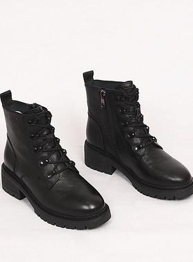 真皮女靴秋冬新款百搭厚底真皮短靴皮里黑色英伦风马丁靴女 08501