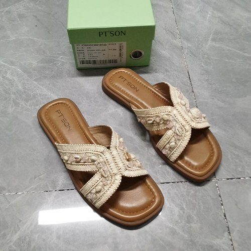品牌正品断码撤柜时尚百搭休闲方头平底女拖鞋26523米色40码