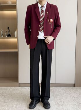 红色学院风dk制服红西服jk外套休闲痞帅毕业拍照校供高级西装班服