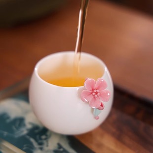 手工捏花陶瓷主人杯单杯女高端品茗杯精致粉色功夫茶具喝茶杯送礼