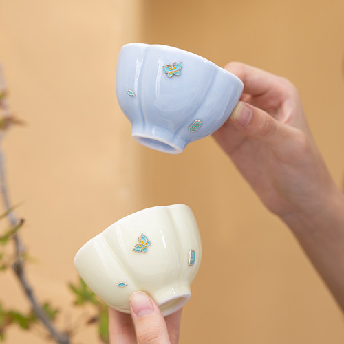 手工双色中式花瓣杯锔钉梅花杯品茗杯主人杯个人复古单杯功夫茶杯