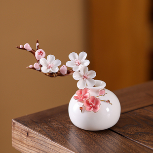 陶瓷手工捏花羊脂玉瓷梅花瓶温润通透描金瓷花器插梅花瓷器摆件瓶