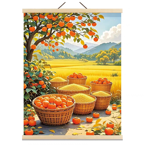 柿柿如意挂画五谷丰登装饰画客厅好寓意风水画金色麦田丰收图壁画