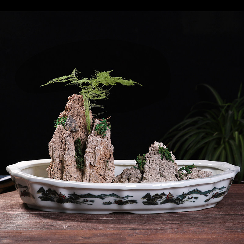 景德镇陶瓷假山盆盆景乌龟盆方形树盆长方形粉彩山水水仙多肉植物