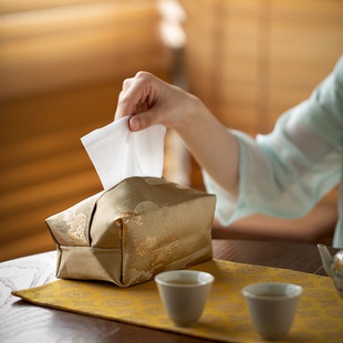 四闲堂 知舍云松抽纸盒 纸巾收纳纸巾盒中式简约布艺家用茶桌客厅