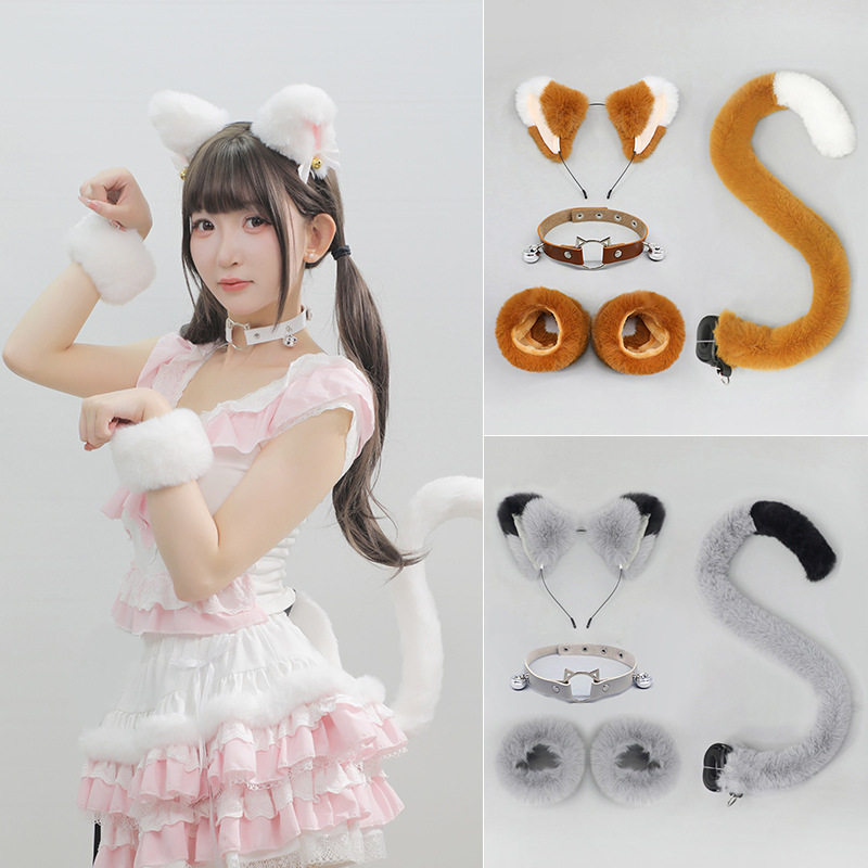 漫展cos女仆猫娘兽耳头饰毛绒腕带颈圈配饰猫耳朵发箍猫尾巴套装