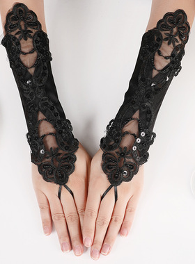镂空手套结婚婚纱长款蕾丝绣花钉珠露指婚礼手套勾指黑色白色无指