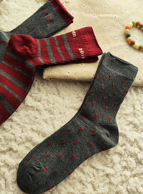 格雷灰色系列~字母袜子堆堆袜防臭时尚复古红色秋冬加厚波点女袜