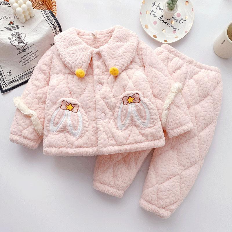 冬季儿童三层夹棉睡衣女童甜美风小中大童公主风小女孩家居服套装