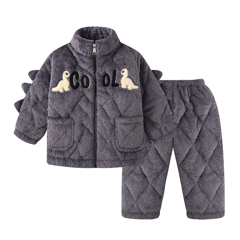 深冬男童三层夹棉加厚连帽睡衣冬季牛奶绒男孩恐龙儿童家居服套装