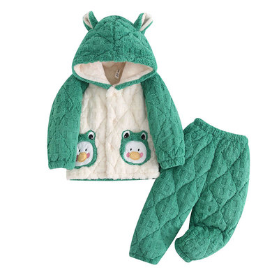 儿童加厚保暖家居服男童女孩冬季三层加绒加厚款连帽睡衣宝宝冬装