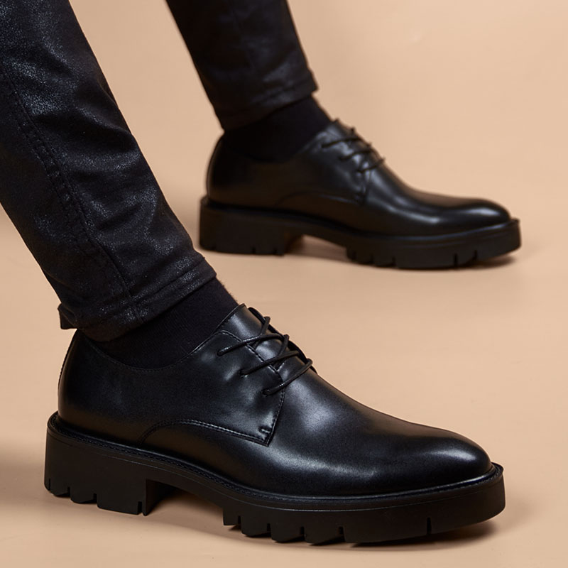 冬季皮鞋男商务休闲厚底男鞋英伦风正装真皮尖头内增高结婚鞋子潮