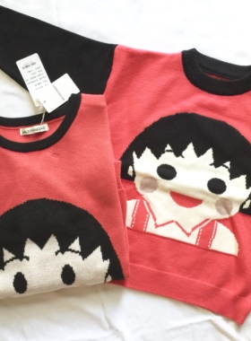 樱桃小丸子ins童装男女宝宝秋冬新款可爱红色纯棉毛衣拼色亲子装