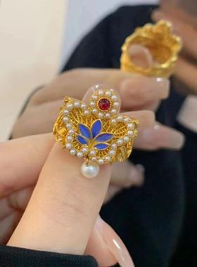 新中式高级感黄金色国潮花丝蝴蝶戒指时尚气质百搭高级食指戒女款