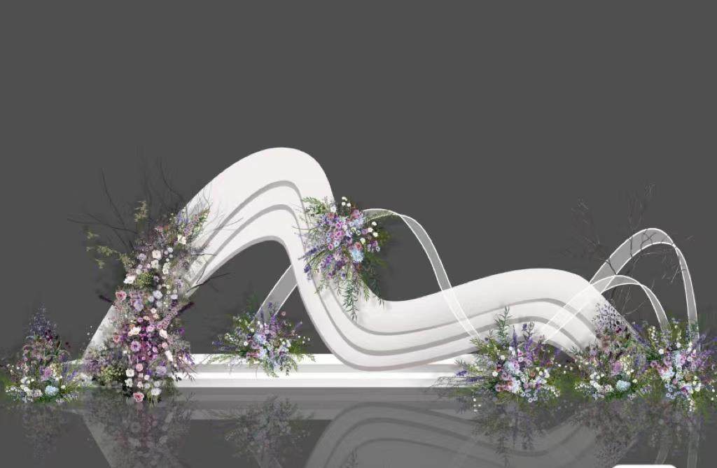 户外法式韩式婚礼异形弧形舞台背景油画效果图设计psd素材