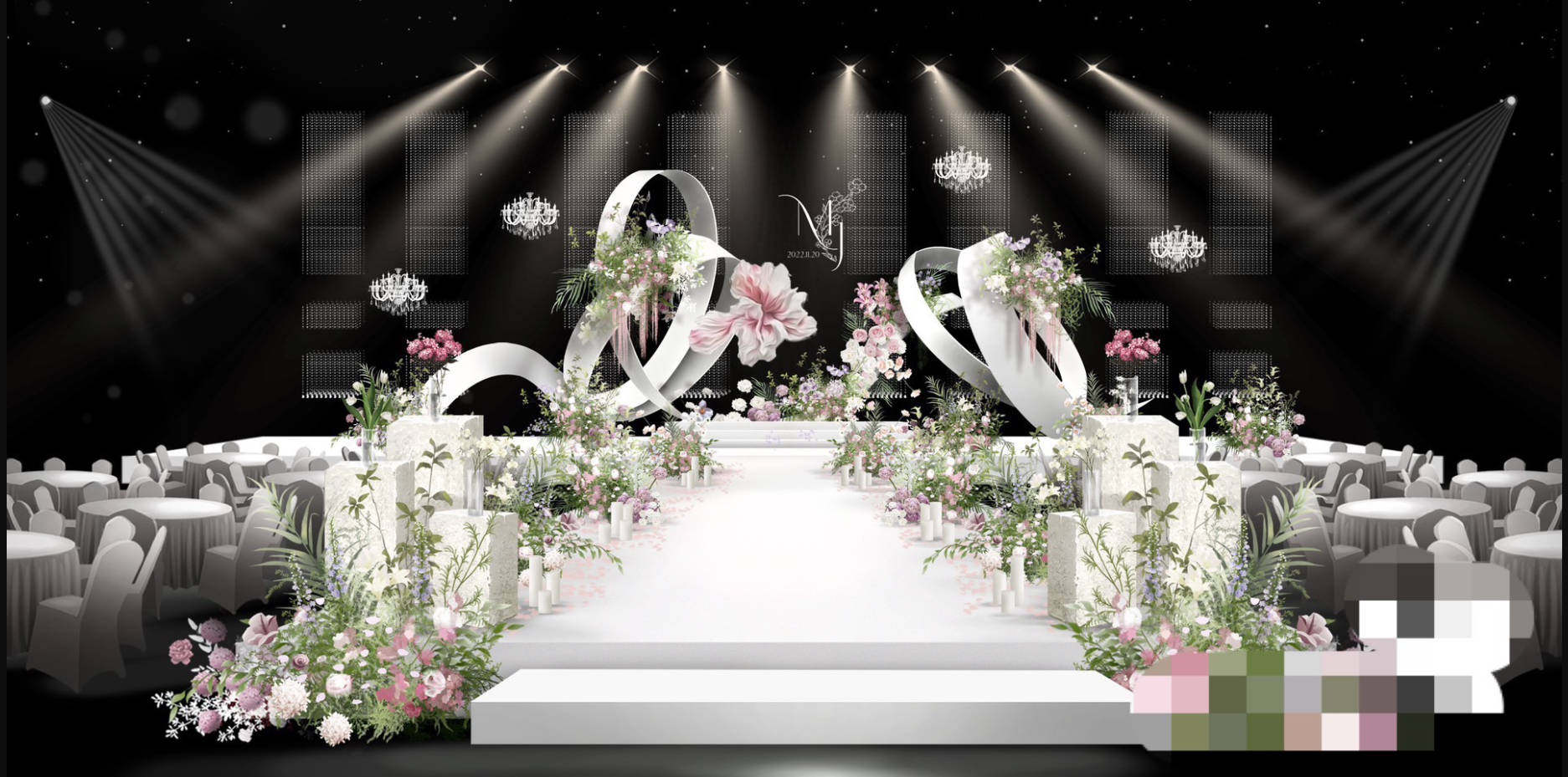 小红书同款粉紫色小众婚礼弧度自然曲线婚礼效果图背景素材psd