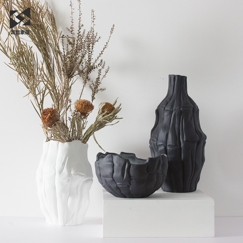现代简约家居客厅茶几软装样板房创意佛手纹磨砂装饰陶瓷花瓶果盘