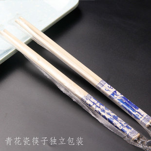 24青花瓷一次性筷子竹筷独立包装碳化筷家用款火锅27加粗加长30cm