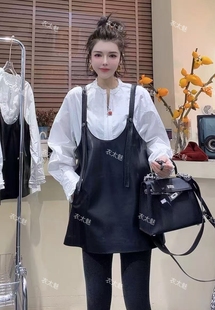 2026早春新款水洗pu是吊带裙宽松直筒背带连衣裙减龄百搭女裙小众